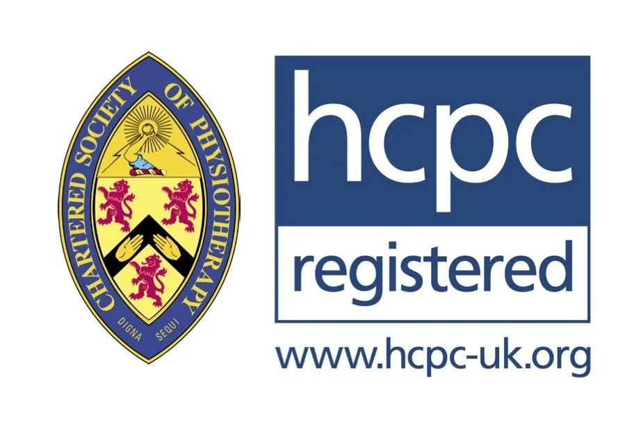 Logo of the Chartered Society of Physiotherapy on the left, with a blue and white HCPC registered logo and website address on the right.
