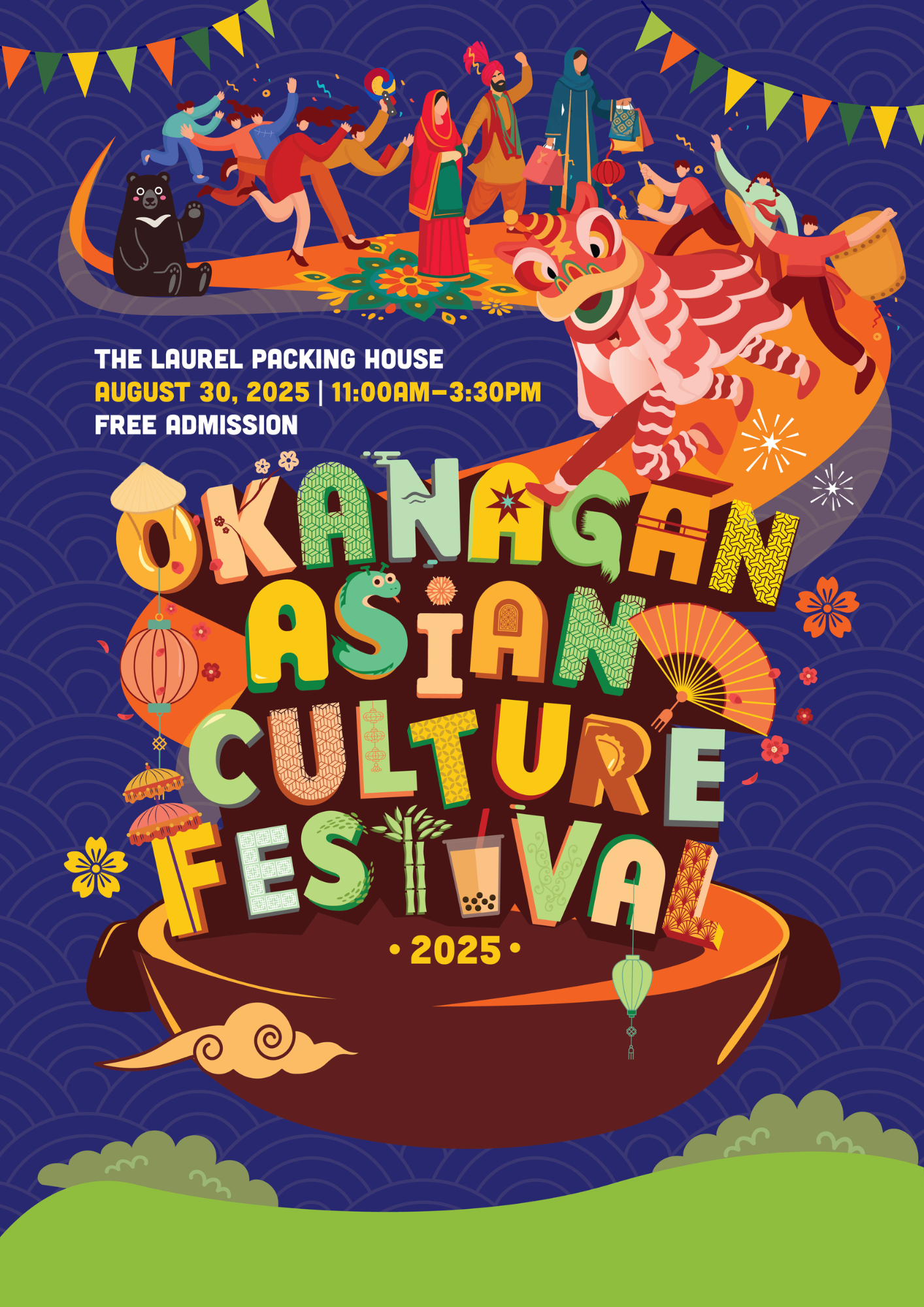 Colorful illustration for a Lunar New Year celebration event with a dragon dance, children, and festive decorations, announcing the event details for August 30, 2025.