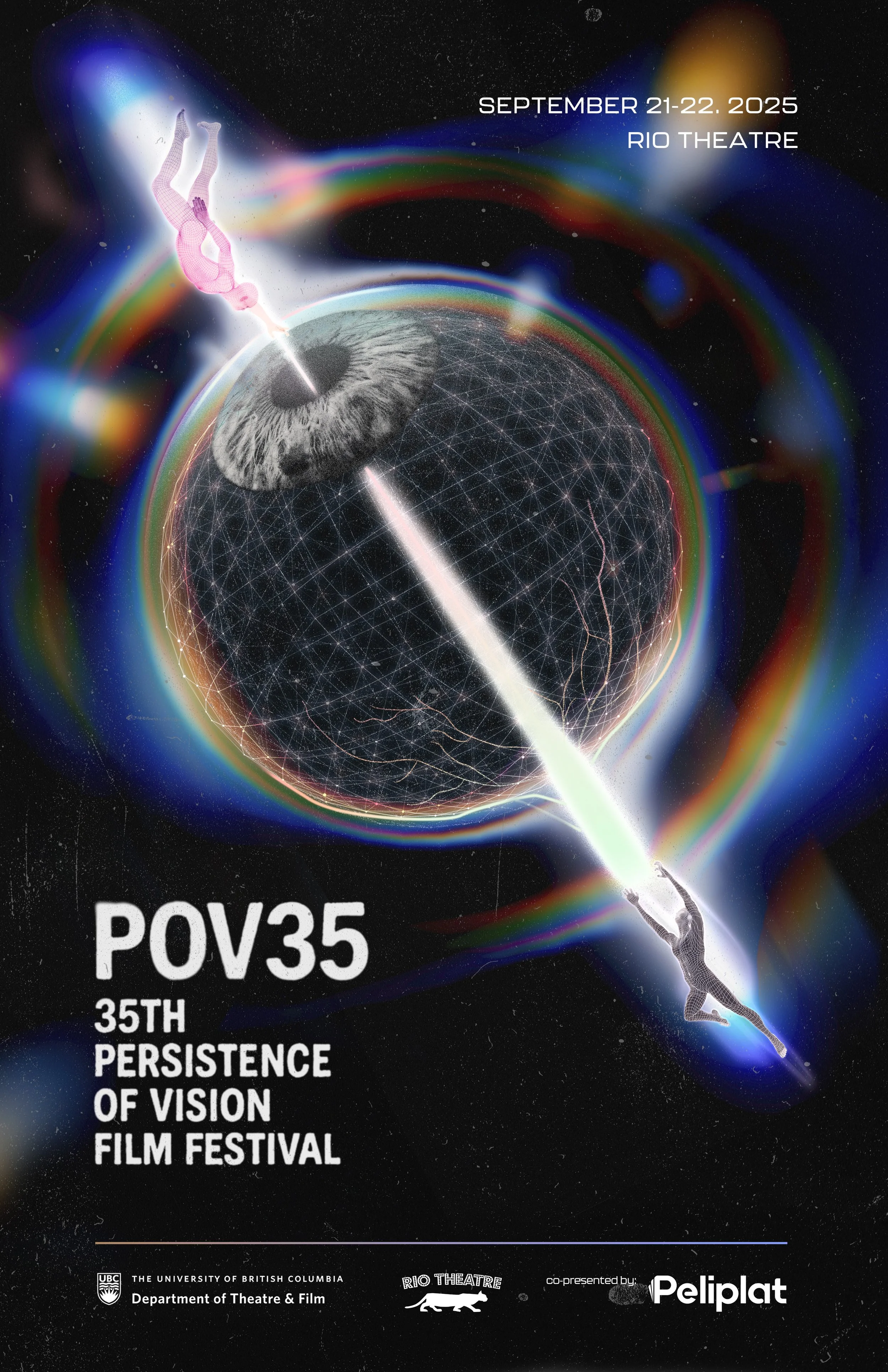 Poster for the 35th Persistence of Vision Film Festival featuring a cosmic background, a large eye with a spiral pattern, a digitally rendered human figure reaching out, and vibrant rainbow-colored streaks of light.