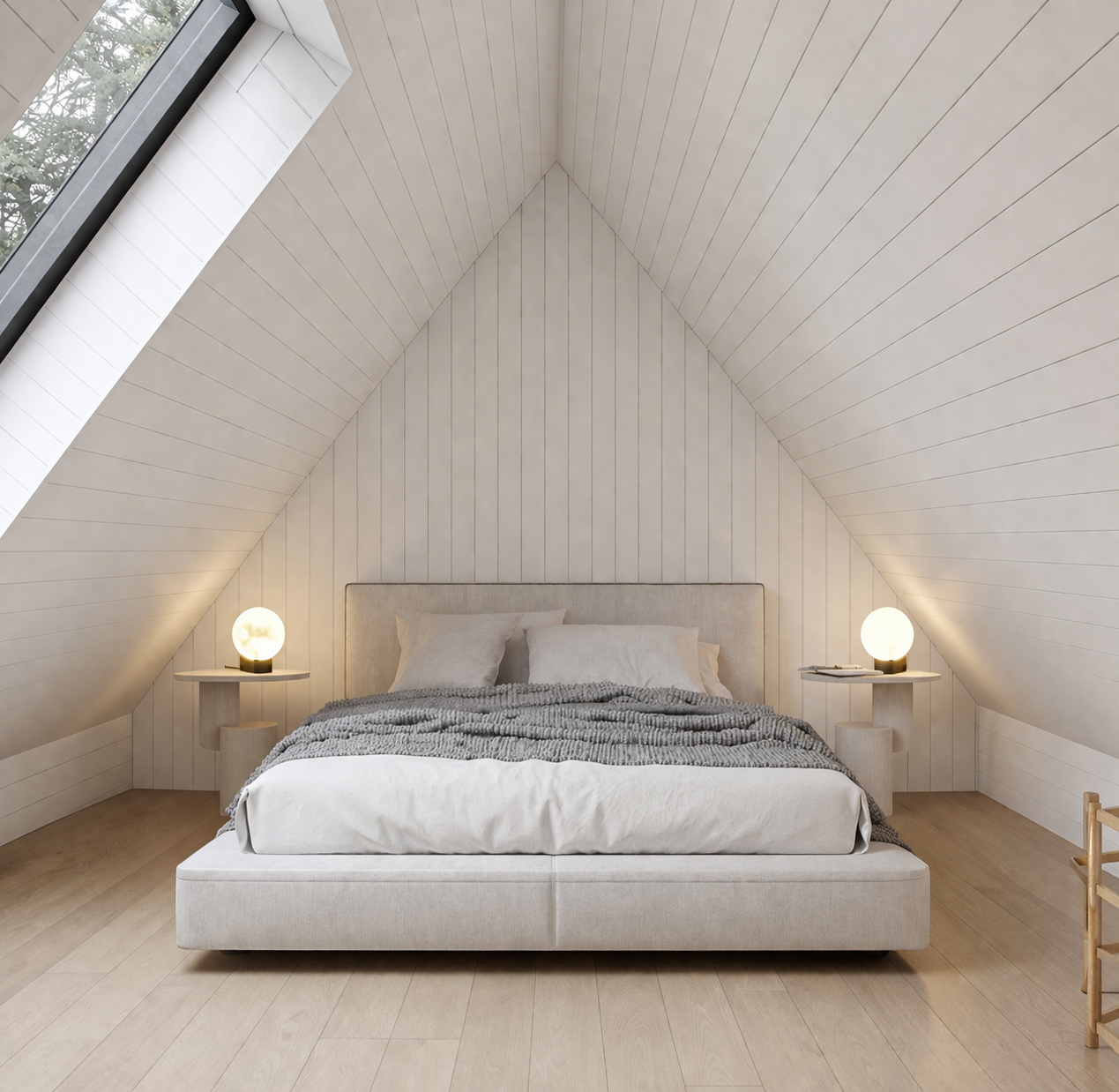 A minimalist bedroom with a sloped ceiling and a large window on the left, featuring a bed with white bedding, pillows, and a textured gray blanket, flanked by two round bedside lamps on small tables.