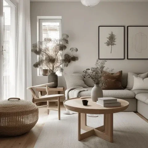 A cozy living room with a sofa and a round wooden coffee table. Decor includes vases with dried plants, a pouf, and framed botanical art on the wall. Large window with sheer curtains lets in natural light.