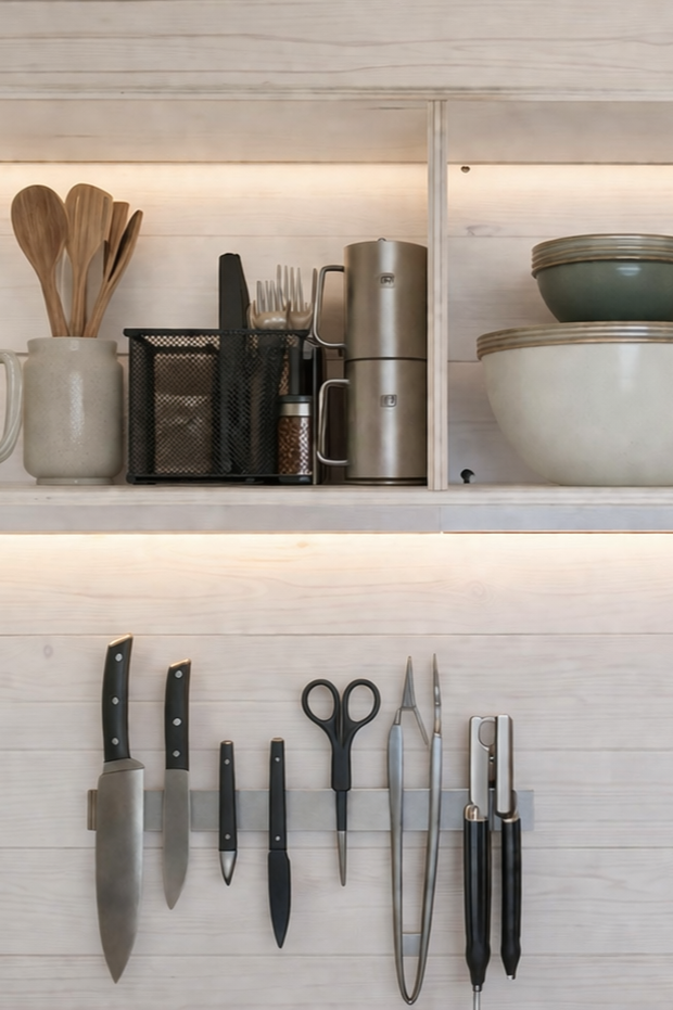 Kitchen countertop with various utensils including knives, scissors, tongs, and a peeler, along with bowls, utensils, and storage containers.