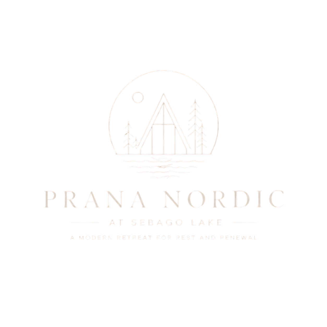 Logo for Prana Nordic retreat featuring a minimalist line drawing of a tent, trees, moon, and water with white text on a black background.