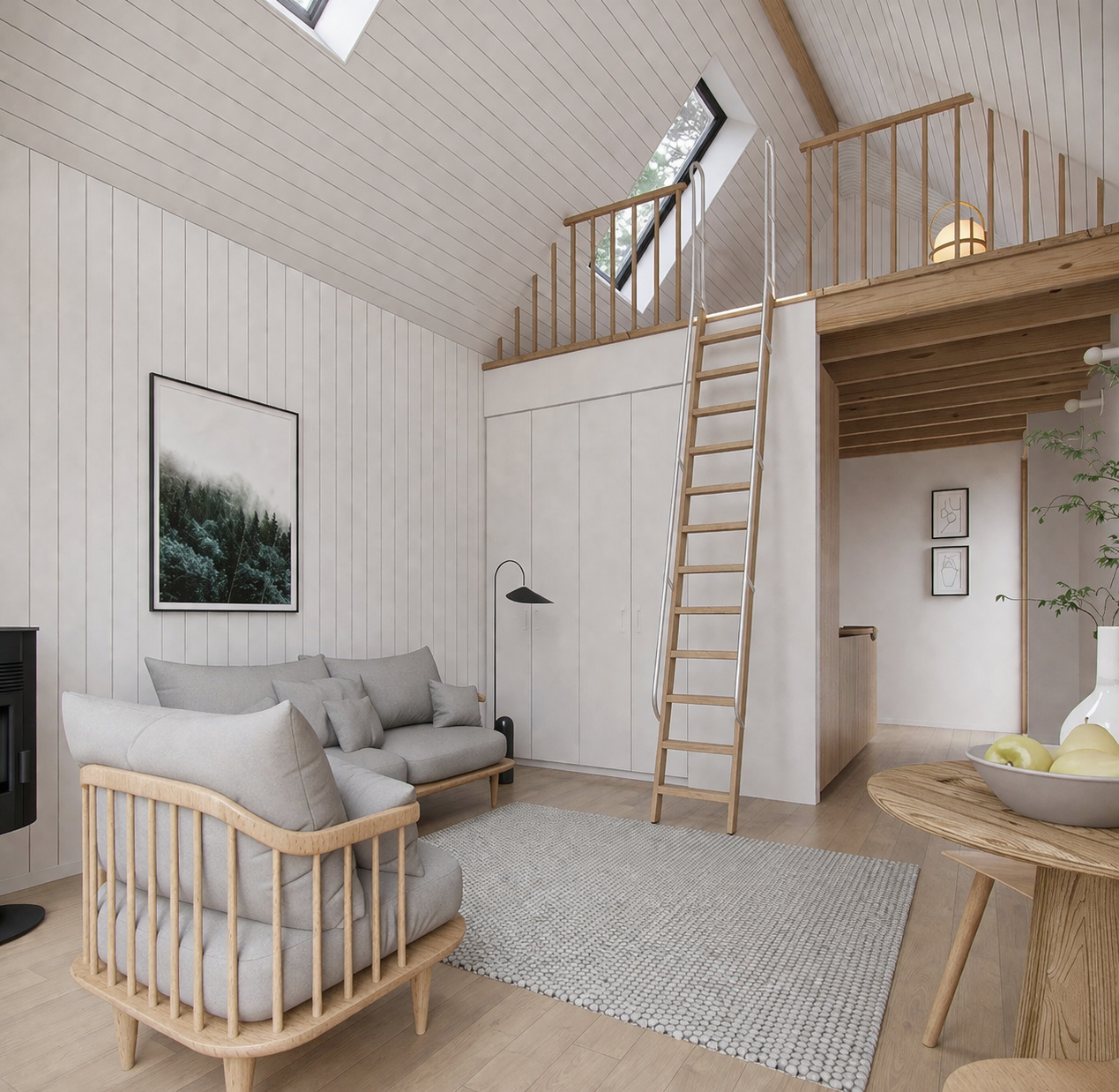 Modern living room with white paneled walls, comfy sofa, wood flooring, area rug, lamp, wall art, and a loft balcony with wooden railing and ladder where the bedroom is located.