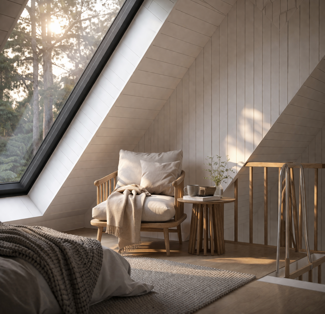 Cozy attic bedroom corner with slanted walls, large window showing trees outside, and a cozy environment with textured blankets and pillows, and the sunlight streaming in through the window