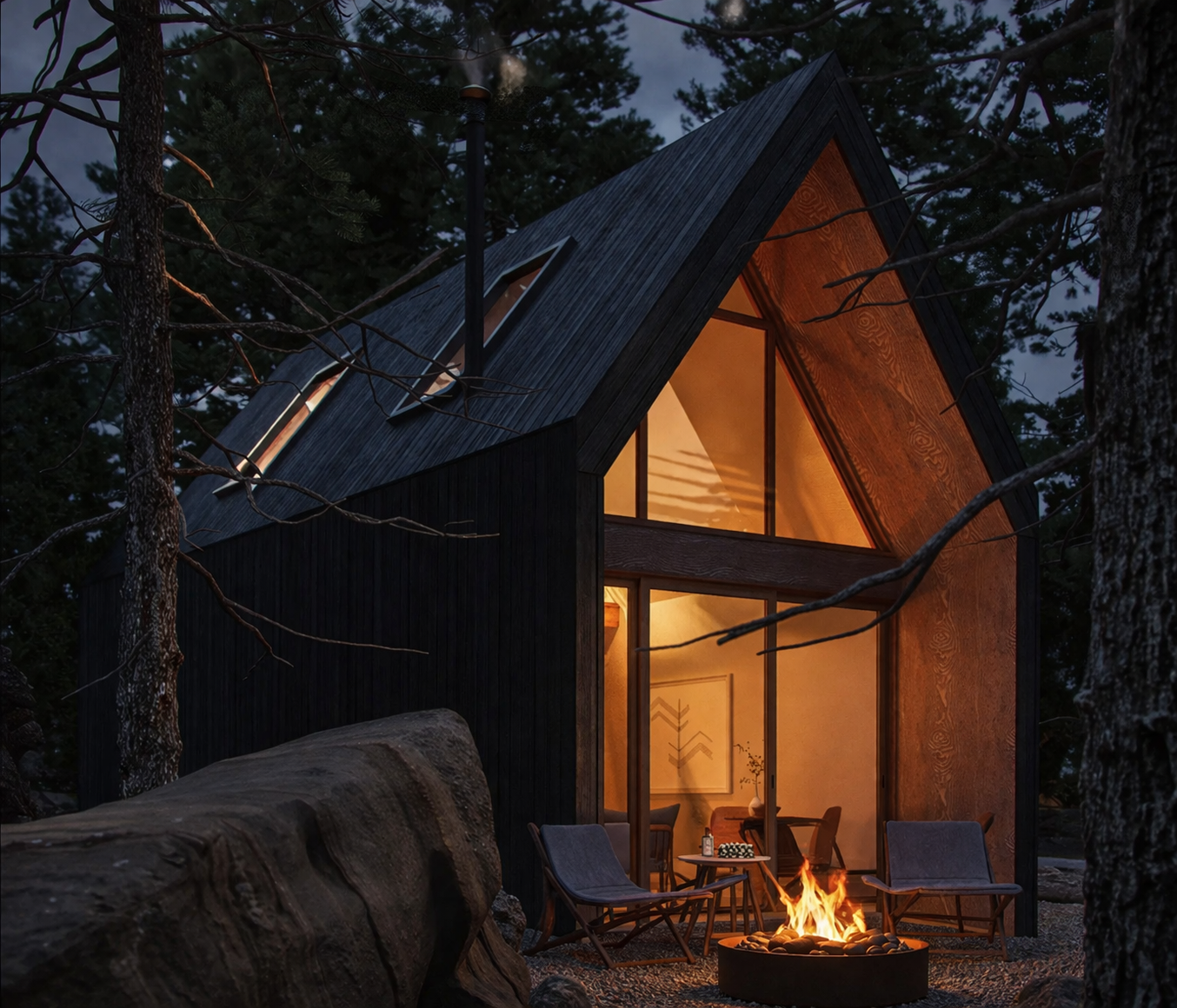A modern A-frame cabin with a black exterior, large glass windows, and warm interior lighting, surrounded by trees and rocks, with a lit fire pit outside and chairs nearby.