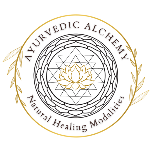 Logo for Ayurvedic Alchemy with a lotus flower, a geometric pattern, and text that reads 'Ayurvedic Alchemy' and 'Natural Healing Modalities' with a gold circular border and gold leaves.