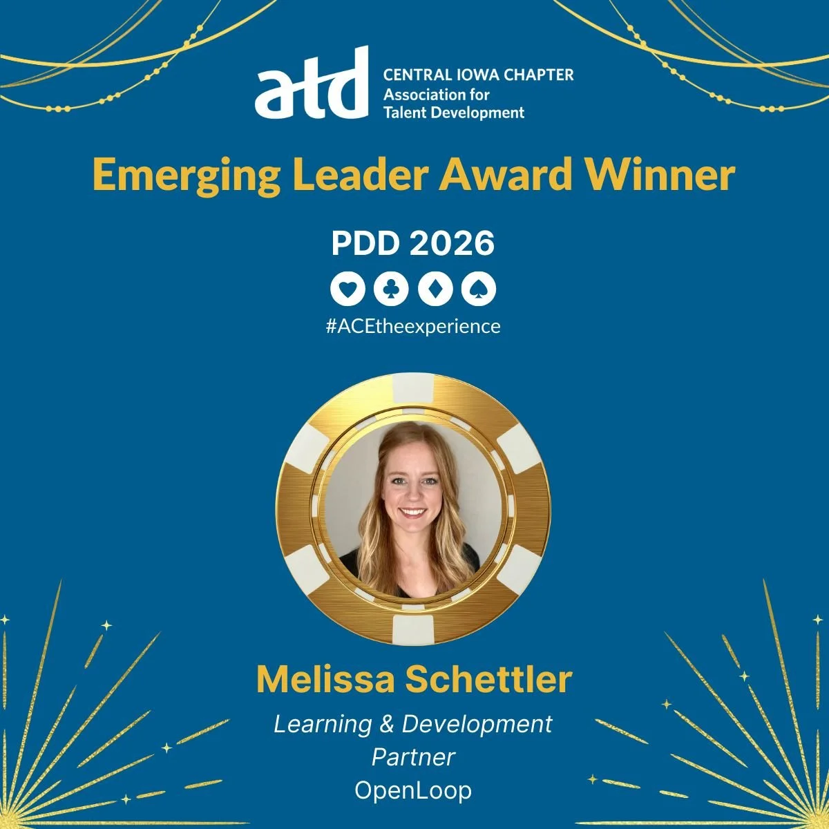 Certificate award for Melissa Schettler from the Association for Talent Development Central Iowa Chapter, recognizing her as an Emerging Leader Award Winner in 2026. The certificate features a photo of Melissa, a gold and blue color scheme, and symbols of hearts, clubs, diamonds, and spades.
