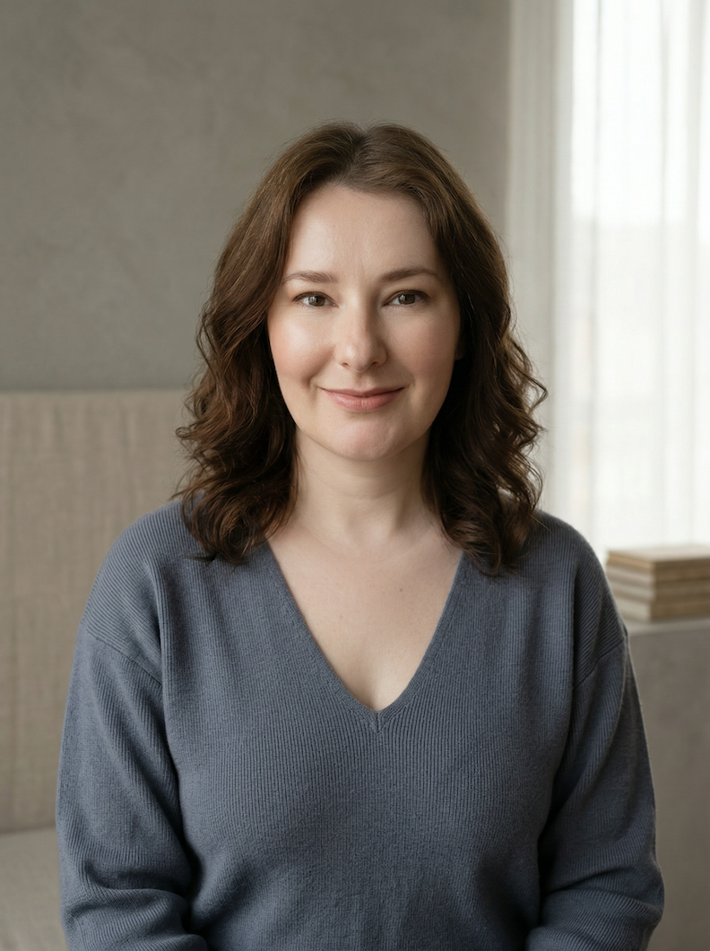 A woman with shoulder-length brown hair and a light complexion, wearing a gray sweater, sitting indoors with a neutral background and a window with light curtains.