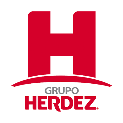 Logotipo del grupo Herdez, con un diseño en tonos rojos y grises, que incluye una figura triangular en la parte superior y una estructura que simula un puente.