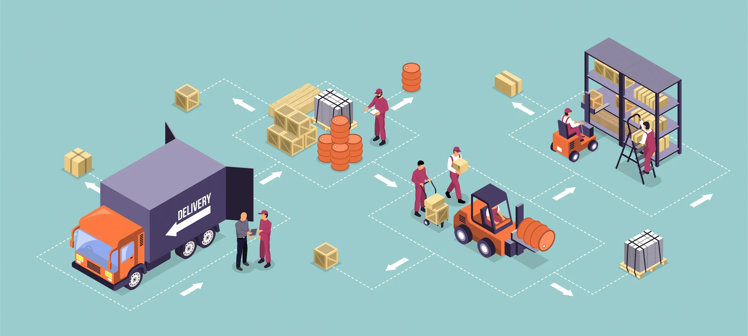 Diagrama de logística y almacenamiento con camiones, estanterías, cajas, paletas y personal trabajando con carretillas y equipo de forklift.