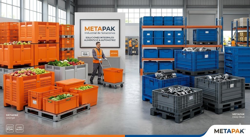 Un almacén de distribución con cajas de plástico lleno de frutas y verduras en un lado y cajas azules con componentes en otro lado, con un trabajador empujando un carrito de supermercado, en un ambiente industrial bien iluminado.