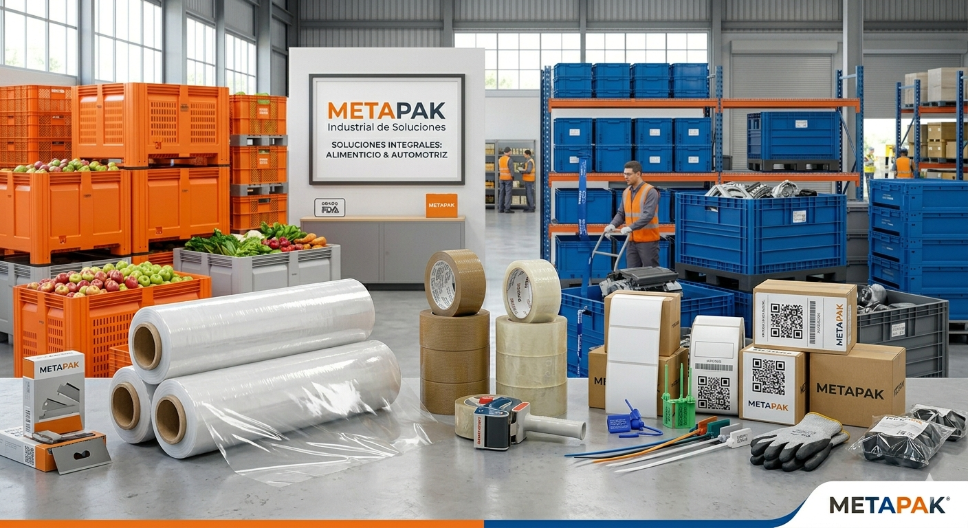Interior de un almacén con cajas, productos, y herramientas de embalaje, con una señal que dice 'MetaPak' y gente trabajando.