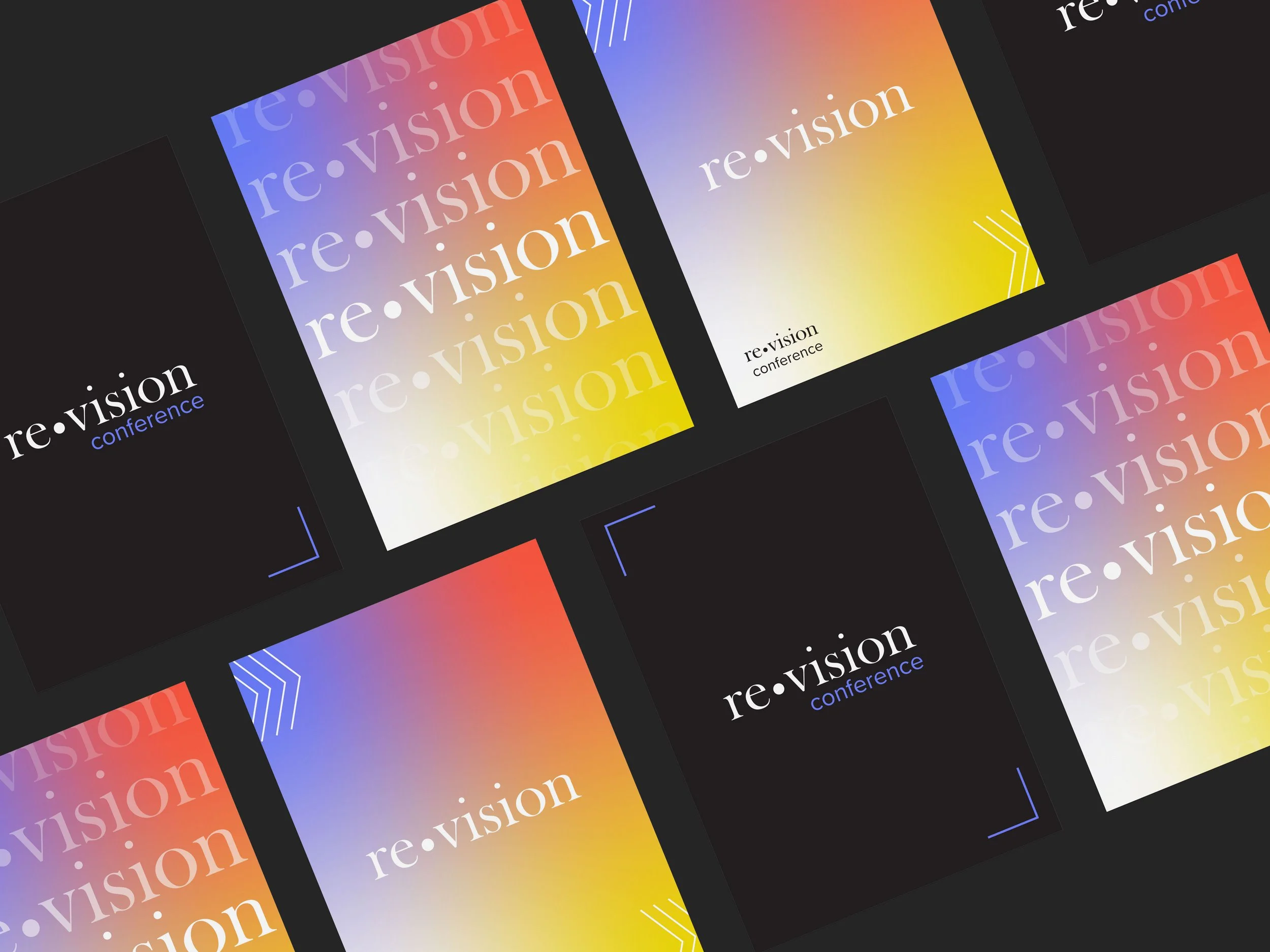 Multiple conference posters for 're•vision' featuring colorful gradient backgrounds in purple, blue, yellow, and red with white and black text, arranged in a diagonal pattern on a black background.