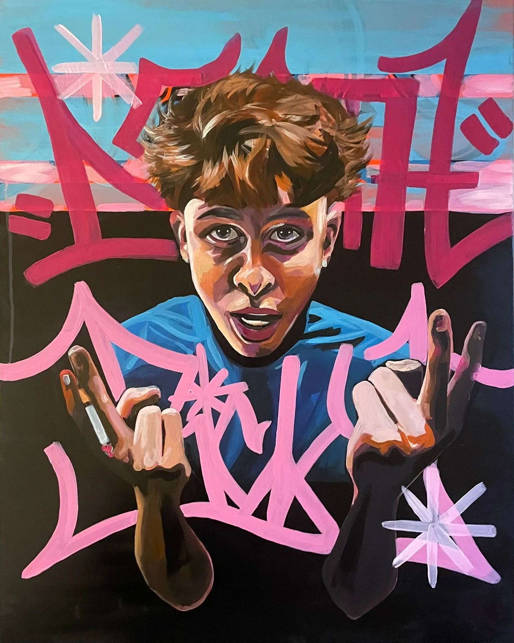 Colorful painting of a woman with expressive eyes, holding a cigarette, surrounded by pink geometric shapes and a butterfly in the bottom right corner.