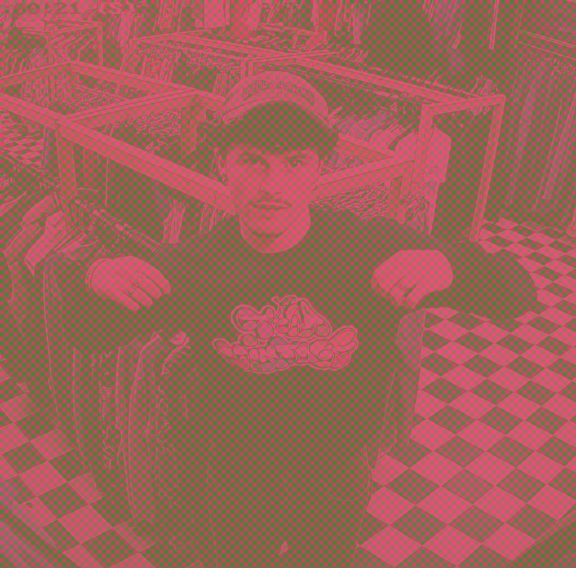 A person preparing food on a checkered table, surrounded by various ingredients and kitchen utensils.