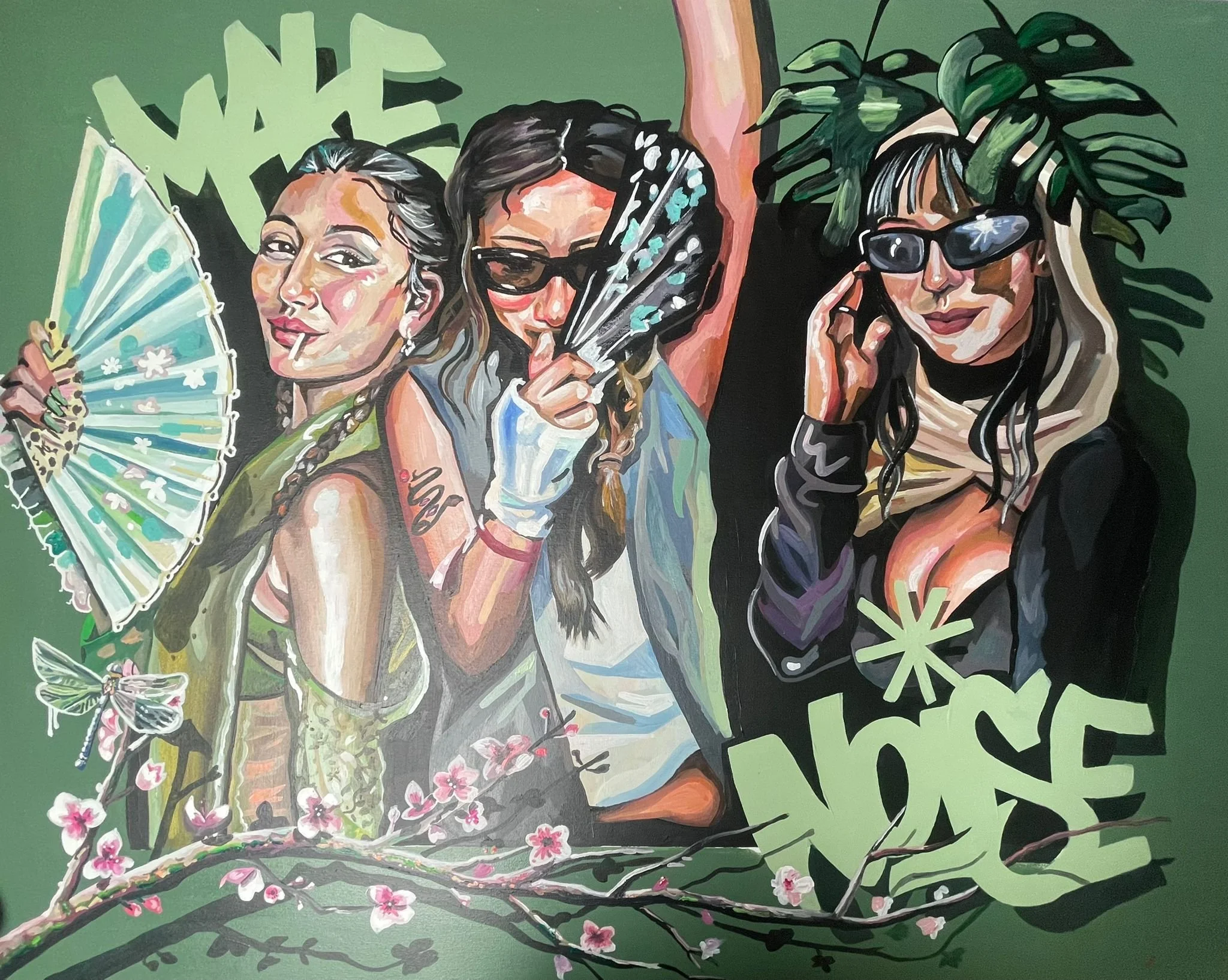 A colorful painting of three women in fashionable attire, holding a fan, sunglasses, and a phone, with lush green foliage and pink cherry blossoms in the background.