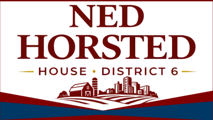 Design for Ned Horsted House District 6 with city skyline and landscape illustrations.
