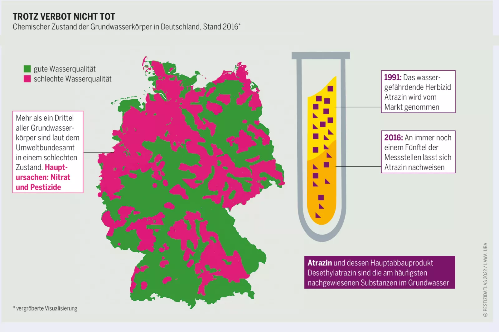 Karte von Deutschland, die Wasserqualität in Grundwasserbjördern zeigt, mit grünen Flächen für gute Wasserqualität und pinken Flächen für schlechte Wasserqualität. Eine Legende erklärt die Farben. Neben der Karte ist eine Illustration eines Reagenzglases mit Labels zu Triazinen, die im Wasser nachgewiesen werden, mit Angabe von 1991 und 2016.
