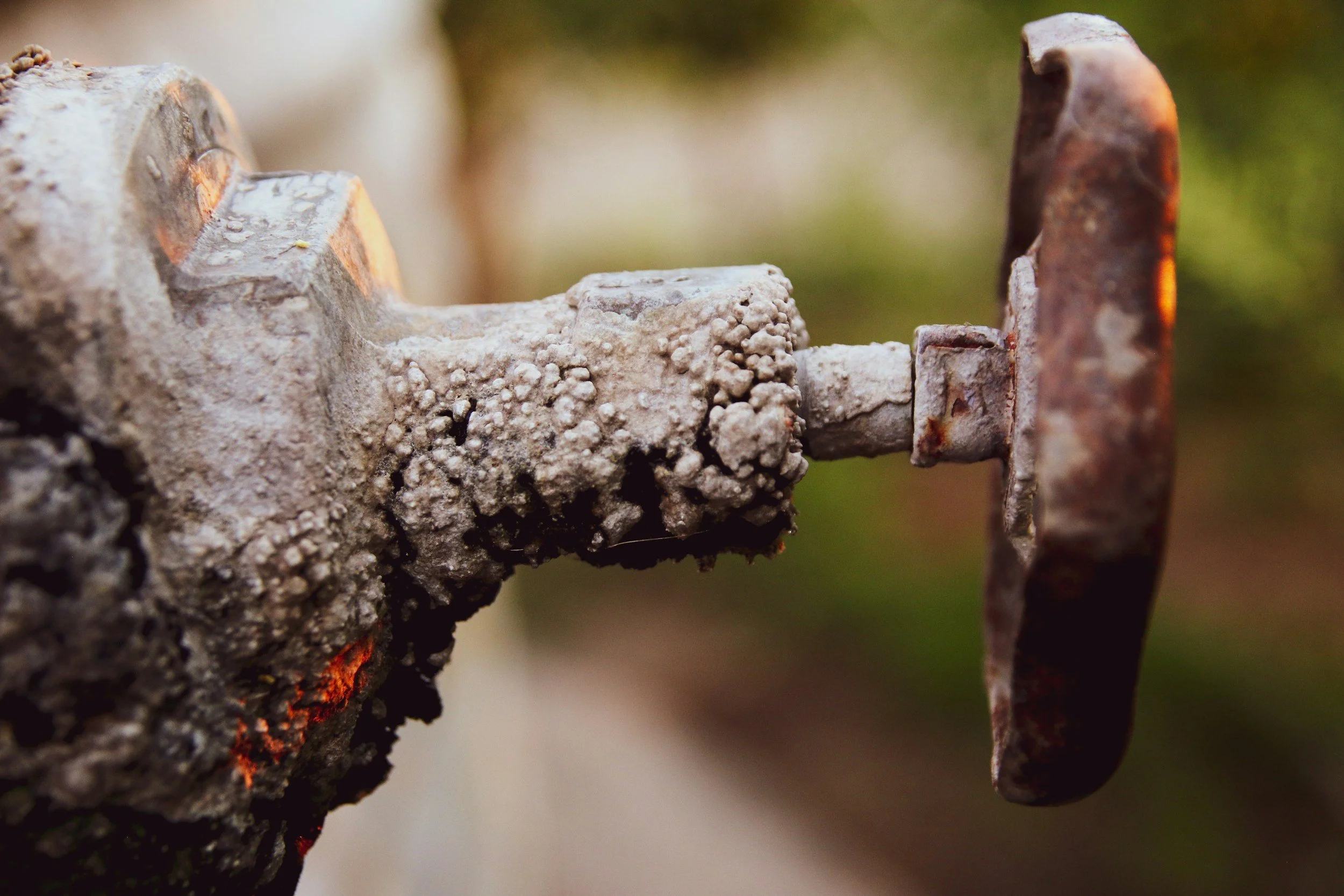 Nahaufnahme eines rostigen Nagels, der in eine verdorrte, schmutzige Holzstücken eingeschlagen ist.