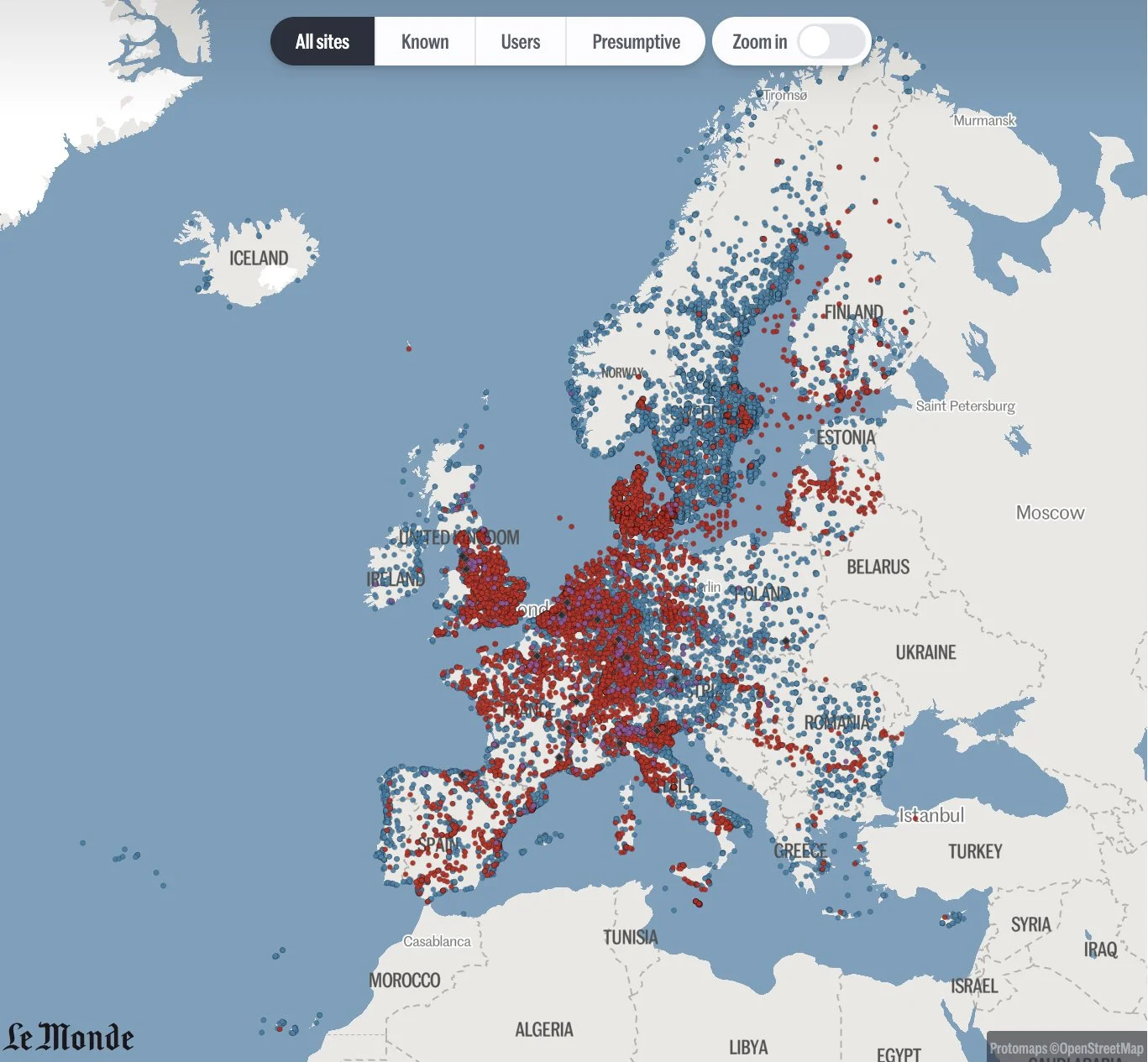 Karte Europas mit roten und blauen Punkten, die unterschiedliche Standorte oder Datenpunkte in verschiedenen Ländern markieren, inklusive Skandinavien, Großbritannien, Irland, Deutschland, Frankreich und Südeuropa.