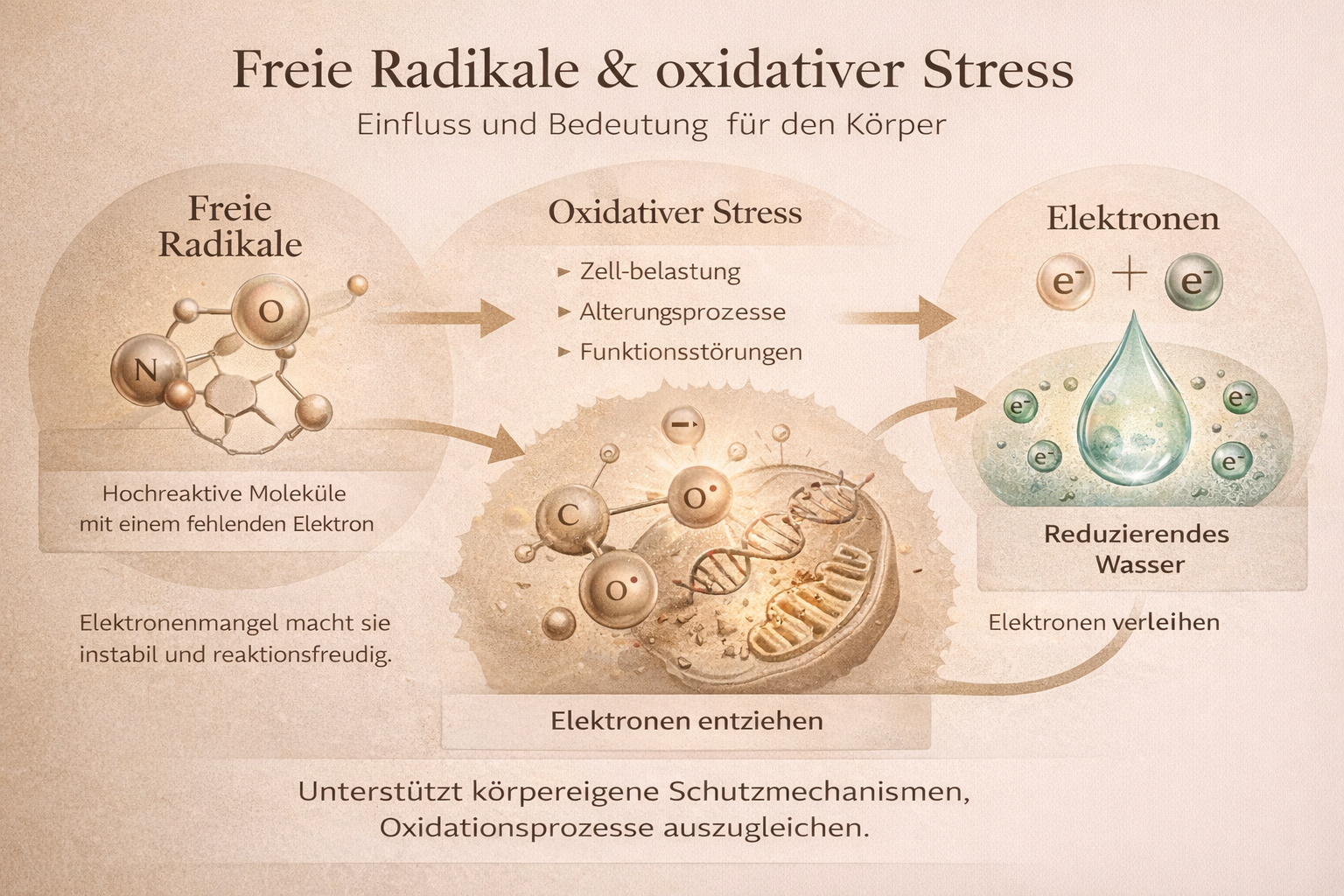 Infografik über freie Radikale, oxidativen Stress und deren Auswirkungen auf den Körper, inklusive Molekülen, Elektronen und Wasserentgiftung.