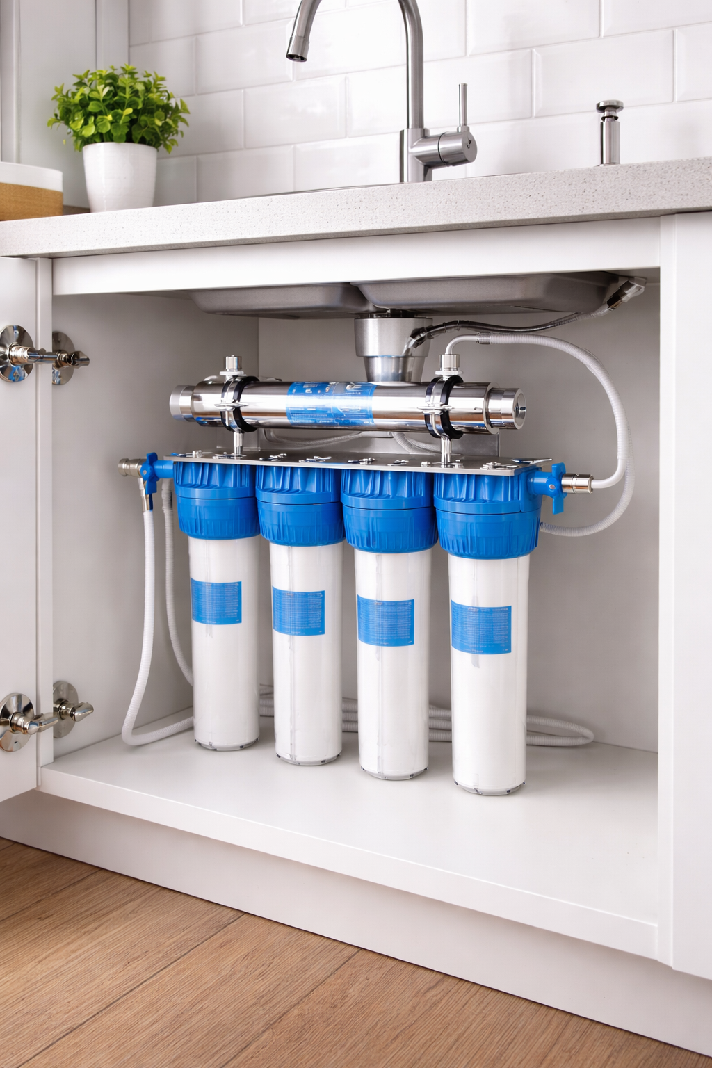 Unter sink befindet sich ein Wasserfiltersystem mit fünf weißen Filterkartuschen mit blauen Dichtkappen. Der Wasserhahn und die Spüle sind sichtbar, die Filter sind im Unterschrank installiert.