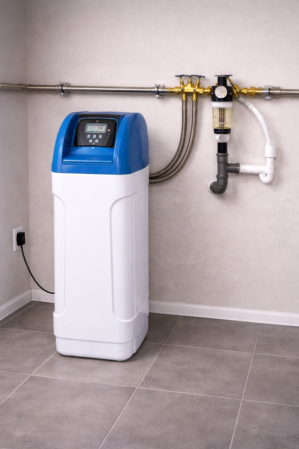 Wasserenthärter in einem Kellerraum mit Fliesenboden, angeschlossen an Wasserleitungen.