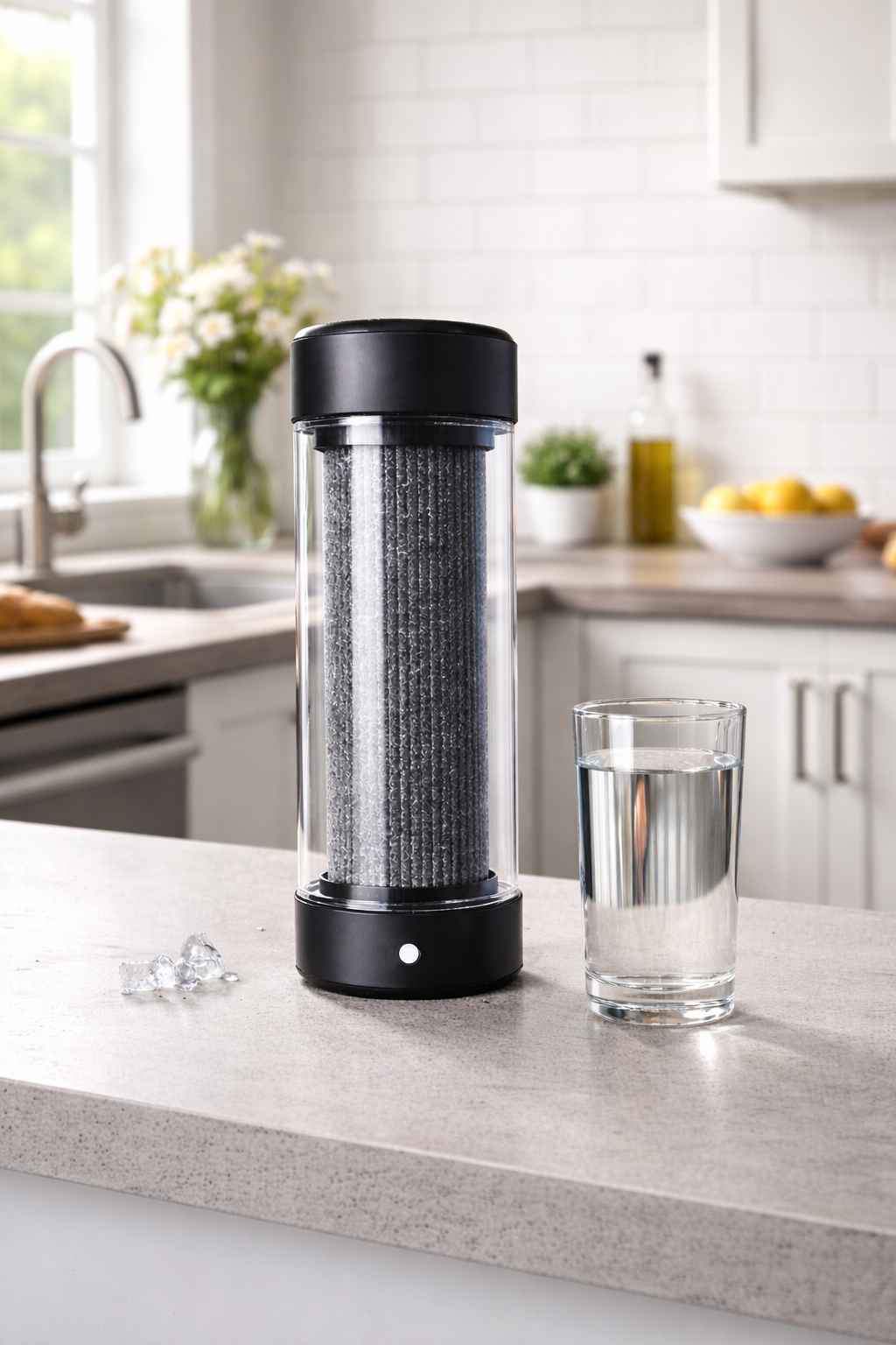 Wasserfilter mit einem Glas Wasser auf einer Küchenarbeitsfläche.