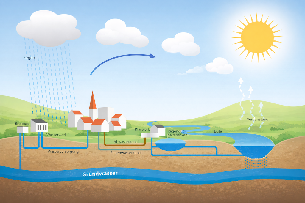 Sonnenenergie, Regenwasser, Wasserversorgung, Klärwerk, Kanäle und natürliche Wasserquellen in einer landwirtschaftlichen Landschaft