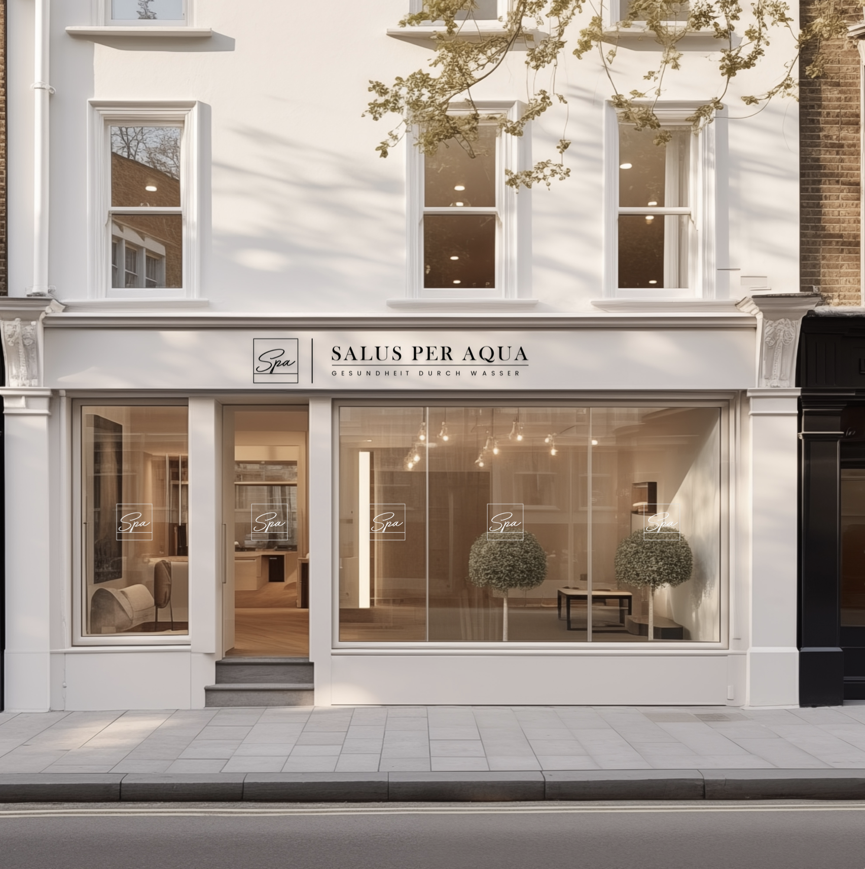 Geschäft mit der Schilderung Spa Salus Per Aqua, Gesundheit durch Wasser, und große Fensterelemente, die einen Spa- oder Wellnessbereich zeigen. Das Gebäude hat eine weiße Fassade mit drei oberen Fenstern und befindet sich an einer Straßenseite.