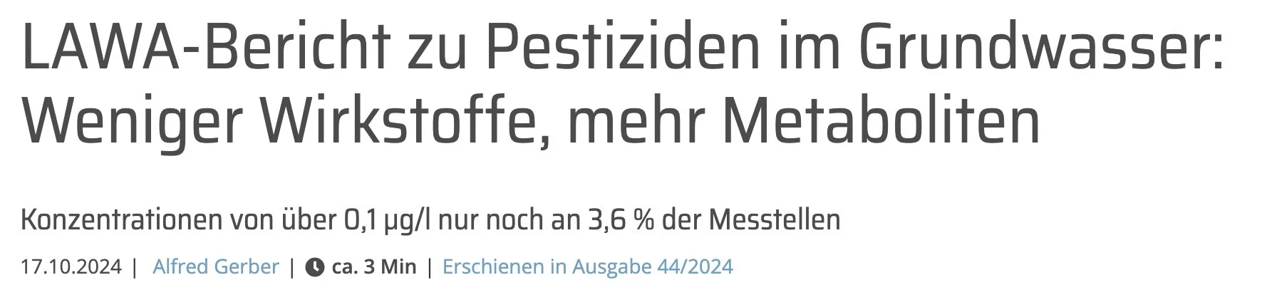 EUWID: LAWA-Bericht zu Pestiziden im Grundwasser: Weniger Wirkstoffe, mehr Metaboliten
