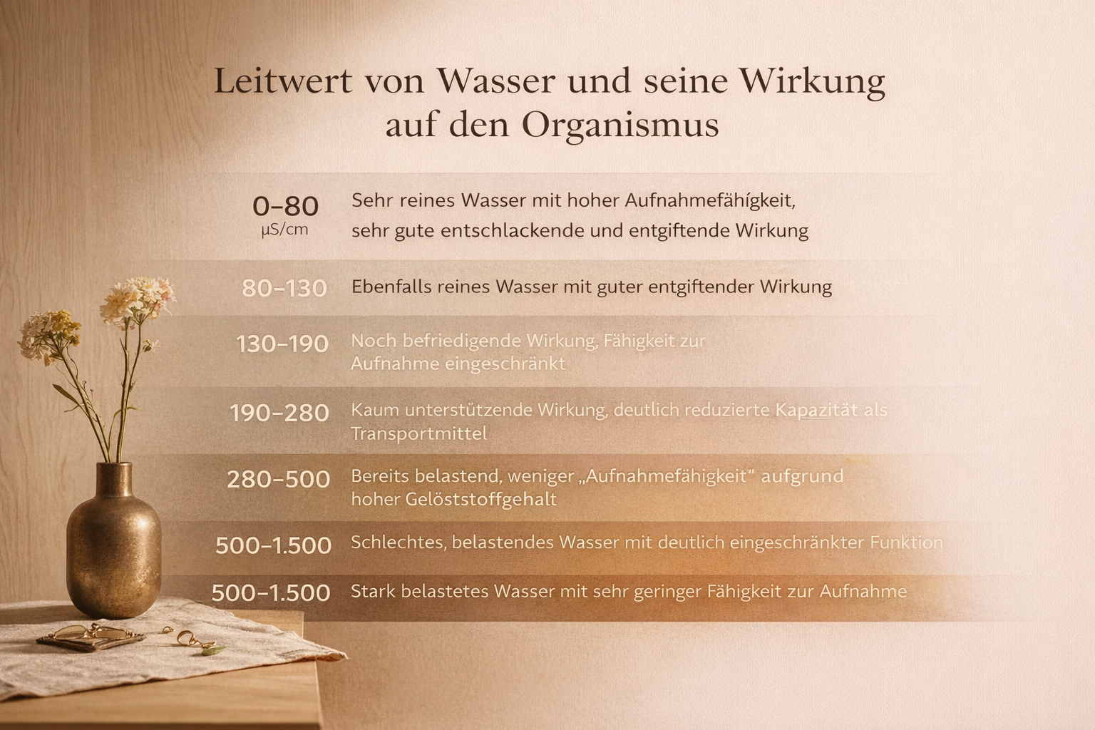 Tabelle zeigt die Leitwerte von Wasser und deren Wirkung auf den Organismus, mit Kategorien von 0-80 bis 500-1500 μS/cm, einschließlich Beschreibung der Wirkung auf den Körper. Neben der Tabelle befindet sich eine Vase mit weißen Blumen auf einem Tisch.