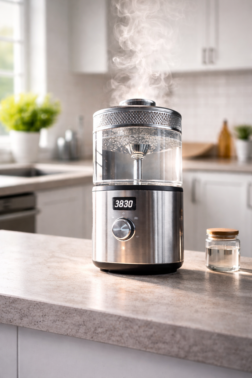 Küchenmaschine mit Dampf auf einem Küchenarbeitsplatz