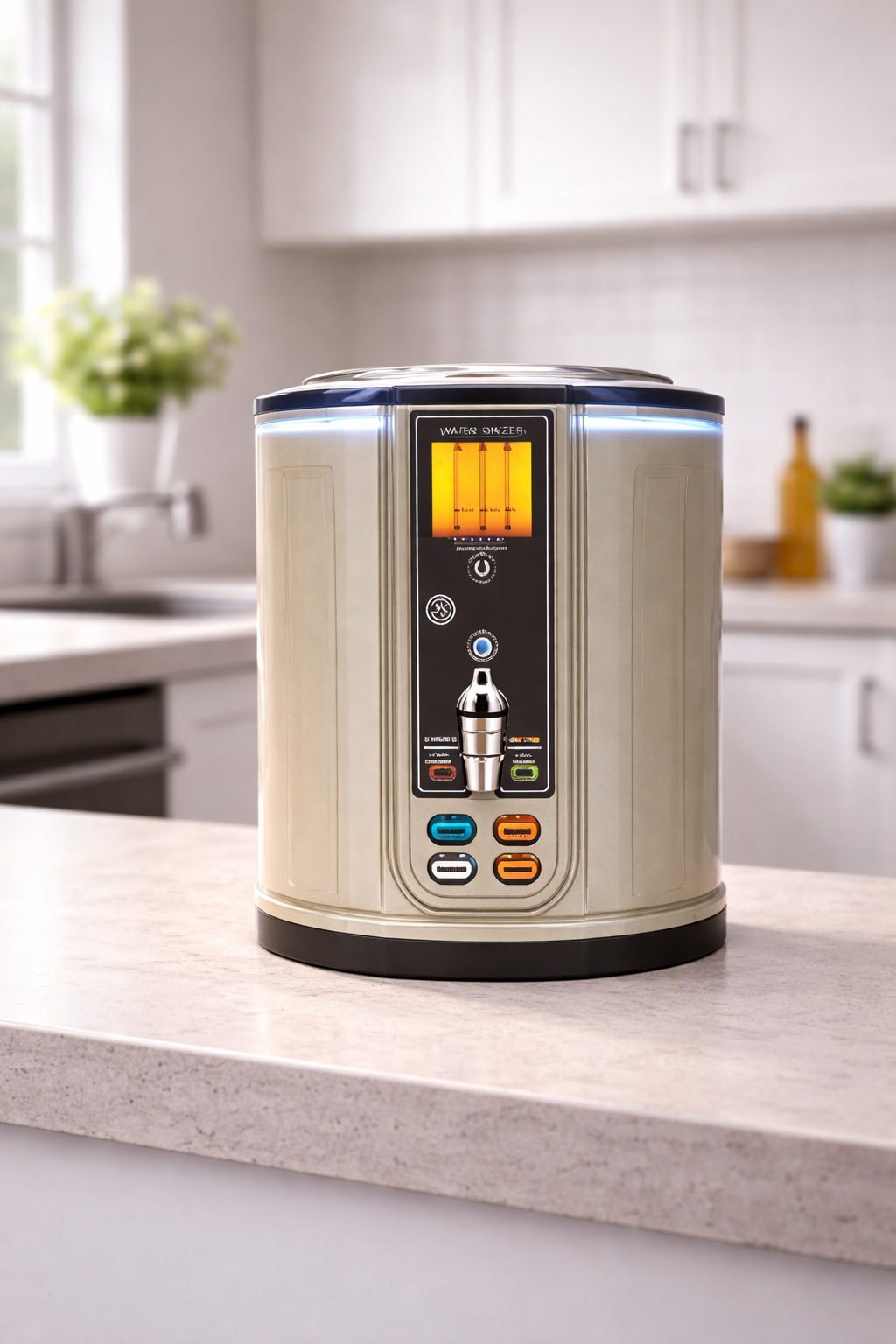 Küchengerät, wahrscheinlich ein Wasseraufbereiter, auf einer Küchenarbeitsplatte, in einem modernen Küchenraum.