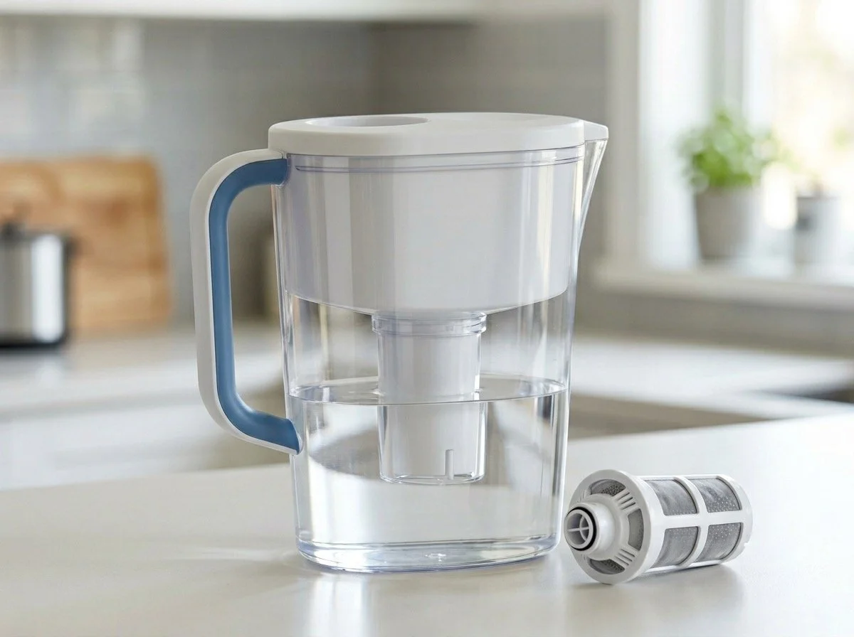 Wasserfilterkartuschen und Wasserfilterbehälter in einer Küche.