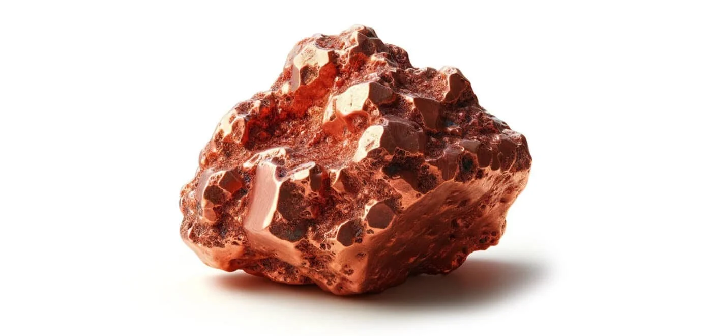 Ein roher rubinartiger Edelstein auf weißem Hintergrund.