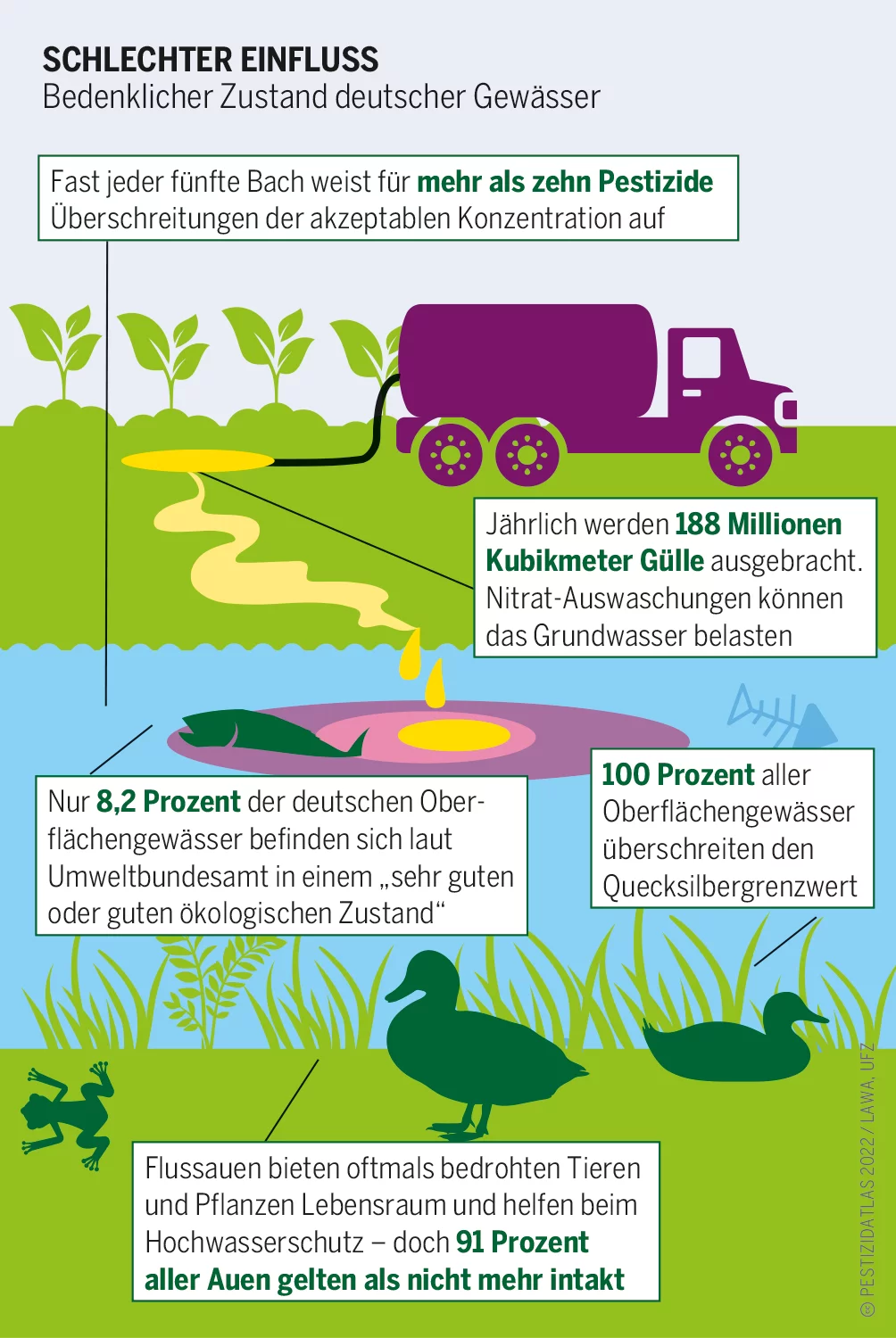 Infografik über die Umweltbelastung durch Pestizide in deutschen Gewässern, mit Illustration eines Traktors, der Pestizide auf Feldern versprüht, Wasser mit Schadstoffen, bedrohte Tiere und Wasserpflanzen.