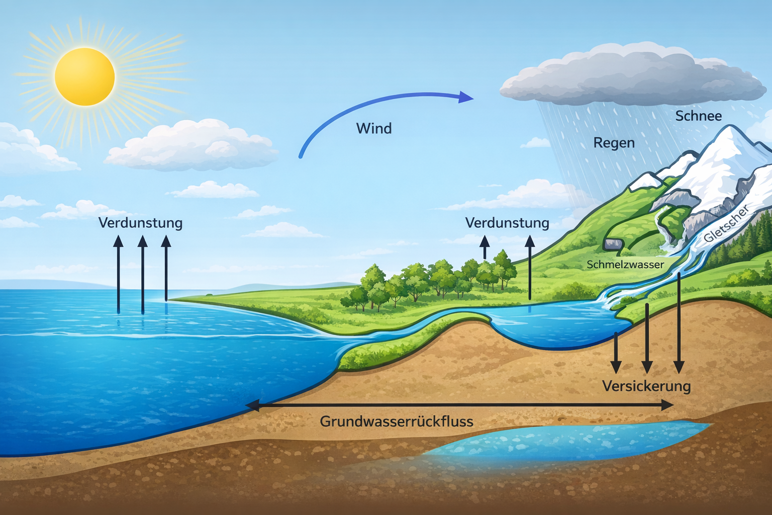 Die Abbildung zeigt den Wasserkreislauf in der Natur inklusive Sonneneinstrahlung, Verdunstung, Wolkenbildung durch Kondensation, Niederschlag in Form von Regen, Schneefall und Gletschereis, sowie den Fluss, der Schmelzwasser vom Gletscher ins Meer transportiert, und den Grundwasserrückfluss.