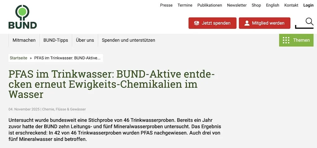 BUND: PFAS im Trinkwasser: BUND-Aktive entdecken erneut Ewigkeits-Chemikalien im Wasser