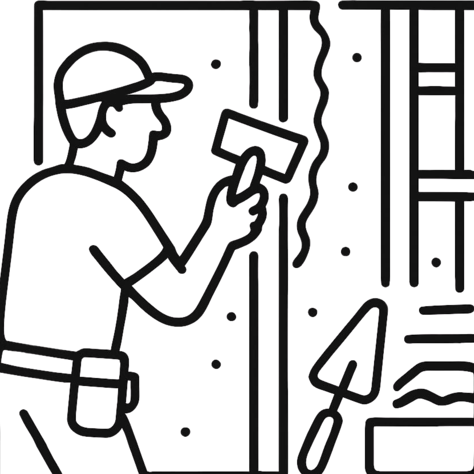 A black and white line art illustration of a person holding a smartphone with an abstract background and text.