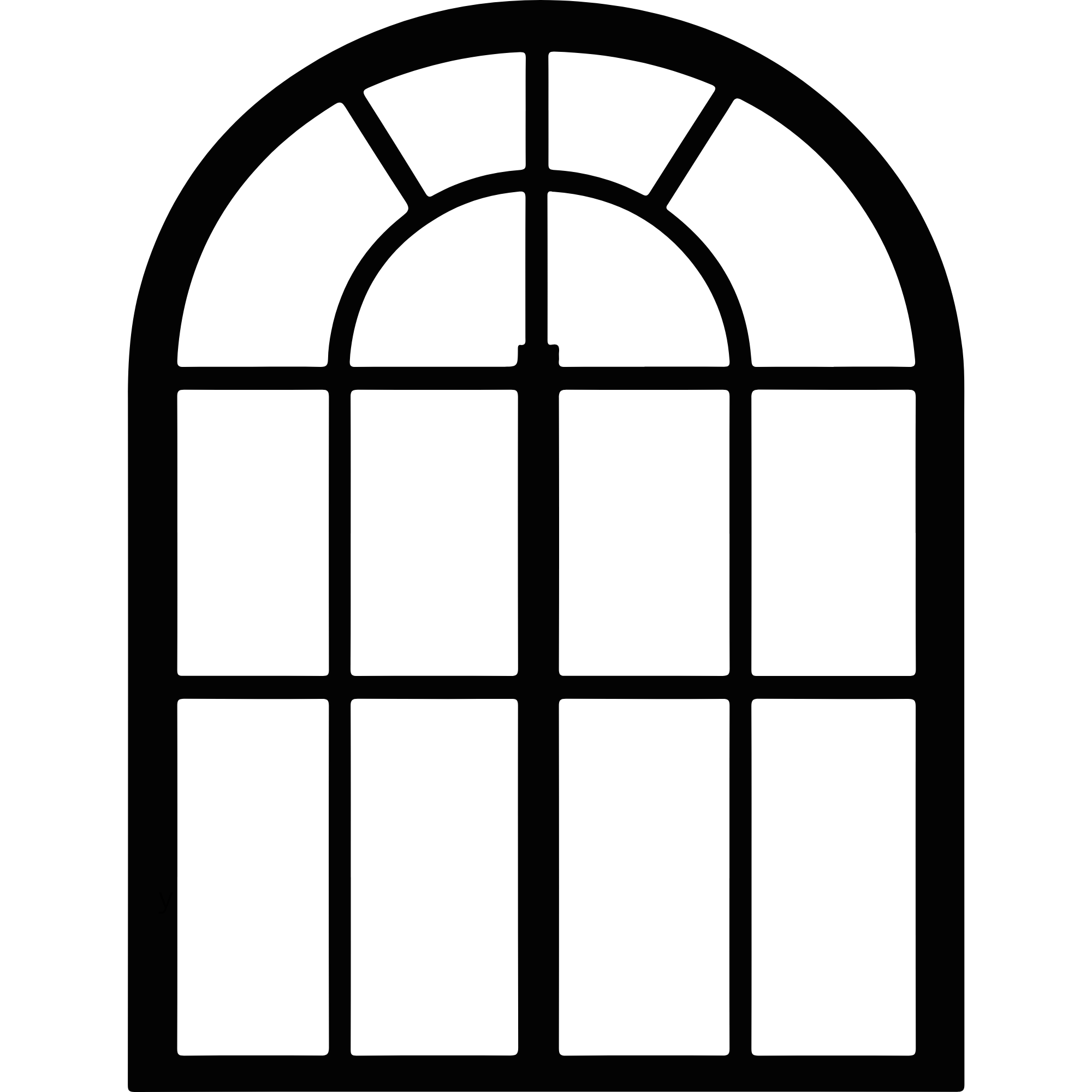 Black and white silhouette of a window with an arched top and multiple panes.
