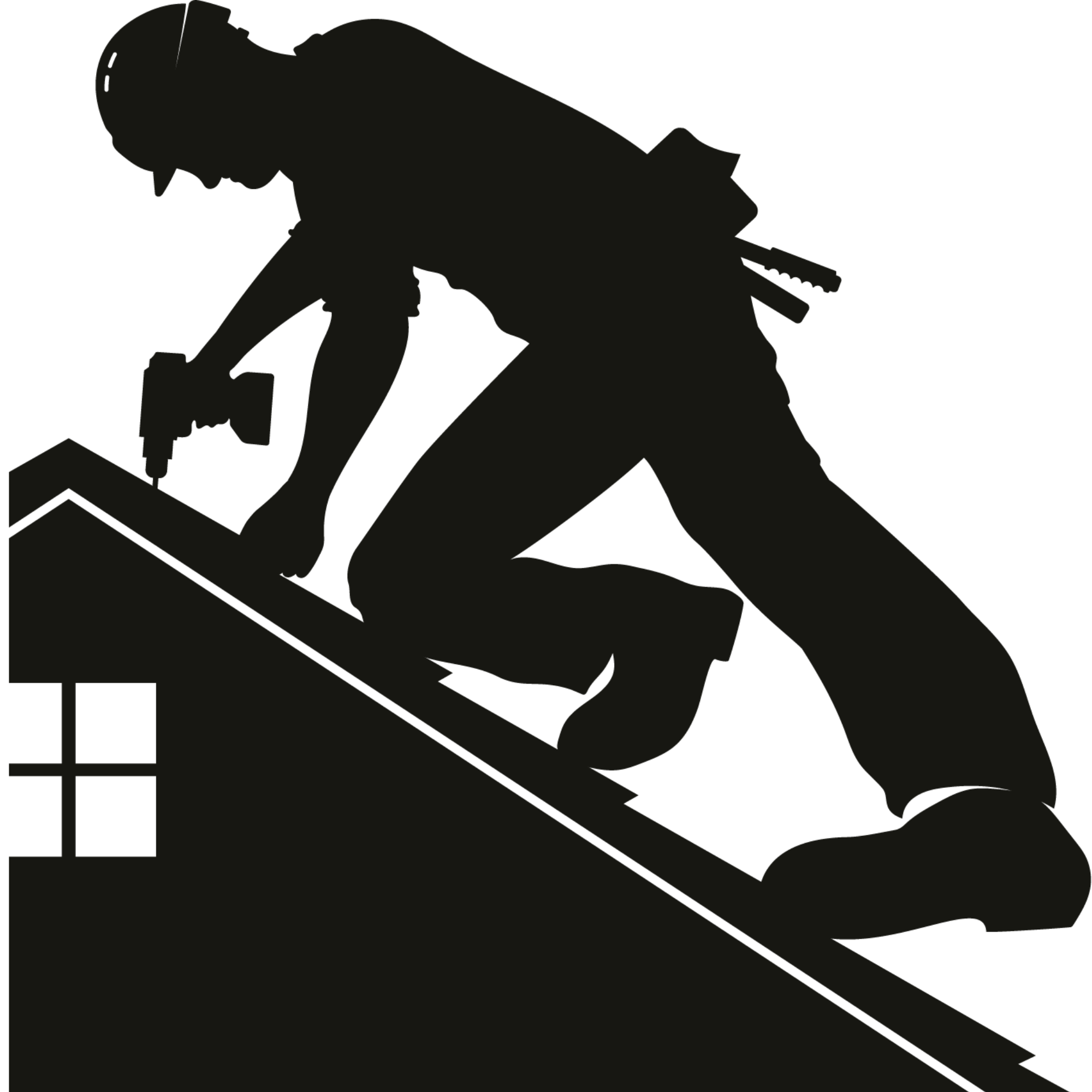 Silhouette of a person kneeling on the ground, operating a power drill, working on a piece of plywood.