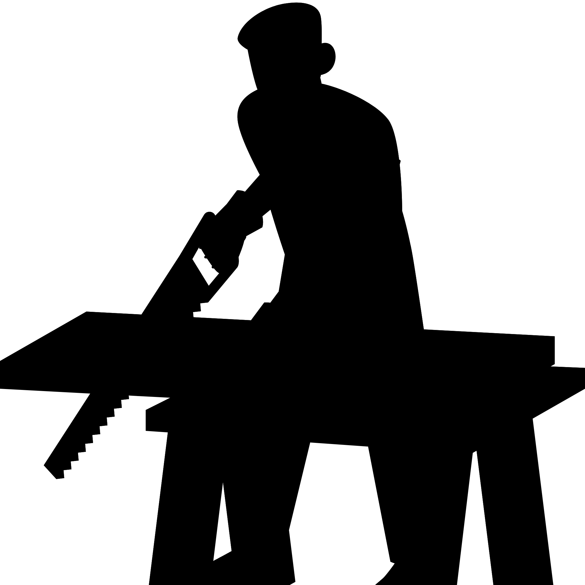 Silhouette of a person holding a saw with a white background.