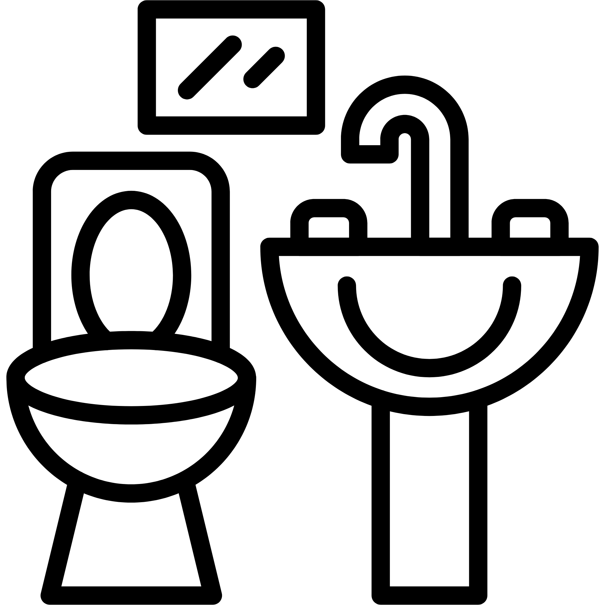 Outline of kitchen or cooking utensils including a colander, faucet, sink, and pitcher.