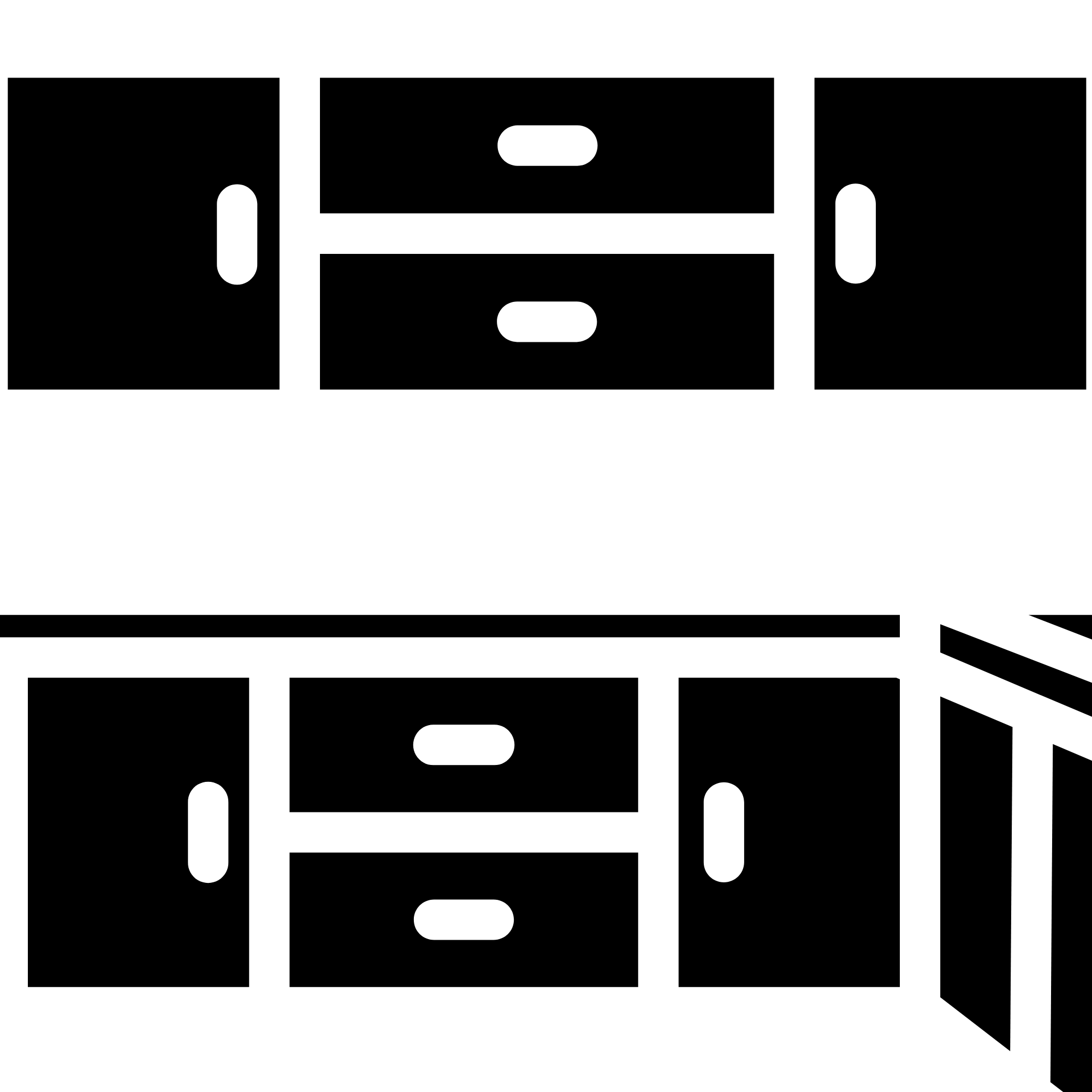 Black and white icon of a storage cabinet with drawers and handles.