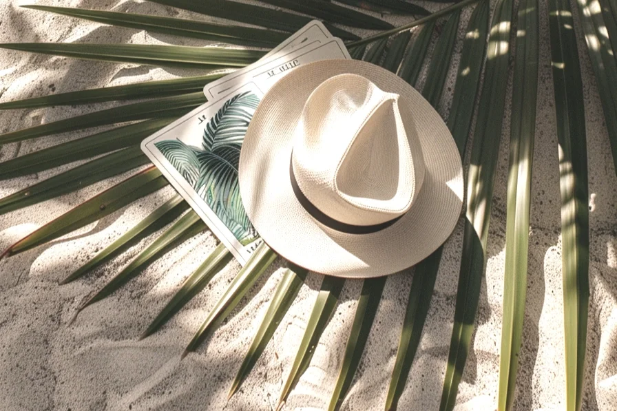 A beige sunhat with black band and a structural crown, resting on top of a deck of illustrated cards, all placed on a large green palm leaf on a sandy surface.
