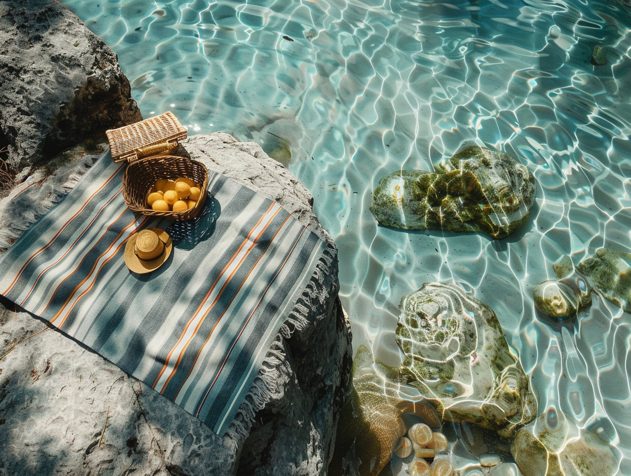 A striped beach towel on rocks beside clear water with submerged rocks and shells, basket of oranges, a straw hat, and a woven container.