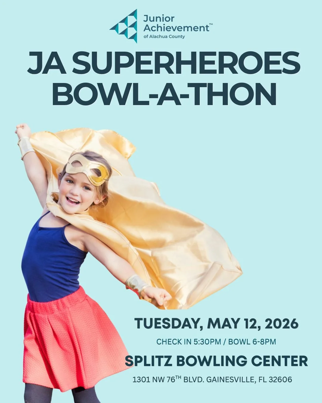 Get ready to strike for a great cause! 🎳✨ 

Join us in supporting JA as we bowl our way toward empowering students with financial literacy, career skills, and entrepreneurial opportunities across Alachua County. No cape required&mdash;just your enth