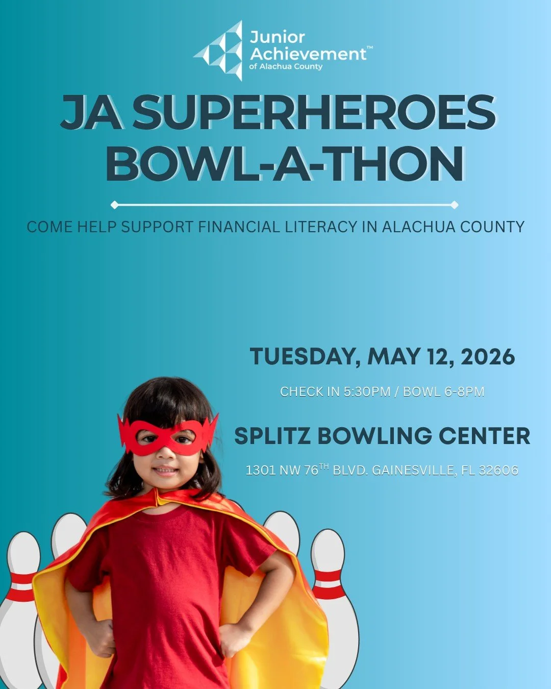 🎳 Think your team has what it takes to be bowling champions? The JA Superheroes Bowl-A-Thon is almost here! Join us for friendly competition, lots of fun, and a huge impact for students in Alachua County. No superpowers required&mdash;just your pass